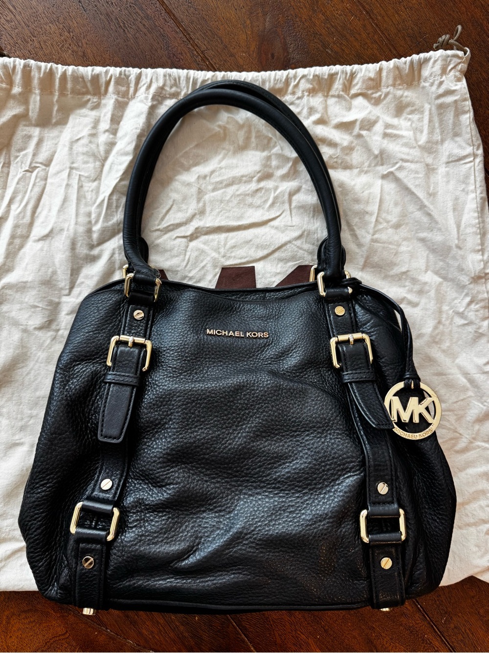 Michael Kors Black Leather Shoulder Bag with Gold MK Charm